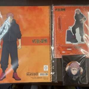Jujutsu Kaisen merchandise featuring Yuji Itadori in a black hoodie on an orange background.