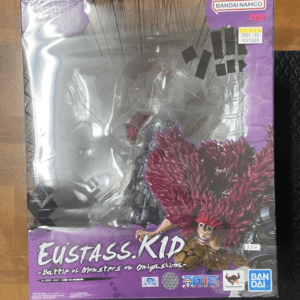 Boxed Bandai Namco action figure of Eustass Kid from One Piece, with purple packaging and red-maned character image visible on front.