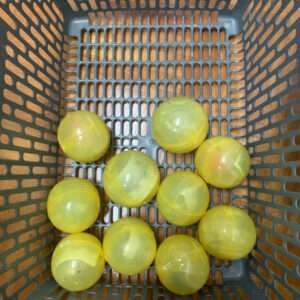 Several yellow-green plastic balls inside a gray perforated basket.
