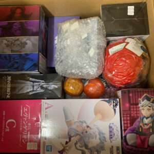 Open shipping box filled with anime figure boxes, bubble-wrapped items, and assorted packaging.