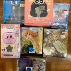 Assortment of Japanese anime figure boxes on a wooden floor, including One Piece, a panda-themed figure, Naruto and Evangelion boxes.