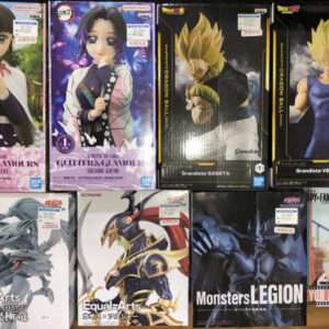 Assorted anime figure boxes on a shelf, featuring characters from Demon Slayer, Dragon Ball, and other series.  Articulos Japan (Post Box Japan)