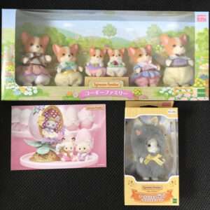 Sylvanian Families toy set: six small cat figures in pastel outfits displayed in a countryside window box.