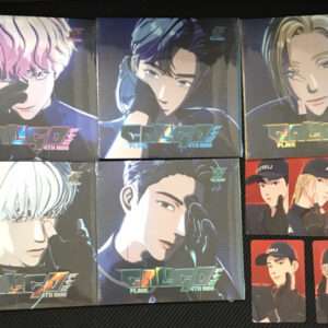 Six illustrated character boxes with bold-haired anime characters wearing gloves, arranged in two rows on a dark surface.