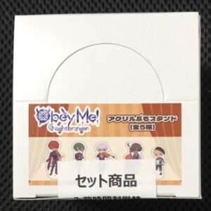 White box with a curved lid, featuring a colorful Obey Me! Nightbringer insert showing chibi characters and a white label that reads 'セット商品' (set product) in Japanese.
