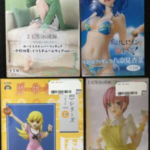 Img_7799 - Articulos Japan (post Box Japan) Boxed anime figures: green-hooded girl on top left and blue-haired bikini girl on top right, with two more boxed figures bottom left and bottom right. Articulos Japan (Post Box Japan)