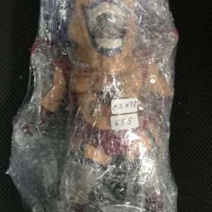 Small toy figure wrapped tightly in clear bubble wrap, purple hair and beard visible through the wrapping.