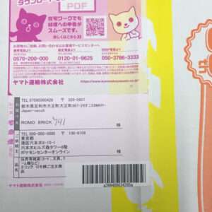 Colorful Japanese shipping label with pink area featuring two cat illustrations, a QR code, and a barcode, plus a white recipient label with a handwritten name on a yellow background.