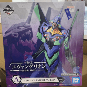 Box for Evangelion Unit-01 figure by Bandai Megamin Impact; purple packaging with EVA-01 image and MEGAIMPACT logo, Japanese text visible