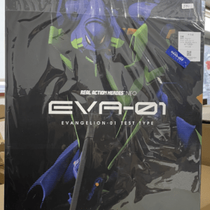 Box packaging for Evangelion EVA-01 Neo Real Action Heroes action figure with bold logo and neon green/blue accents on a dark background (Medicomm Toy).