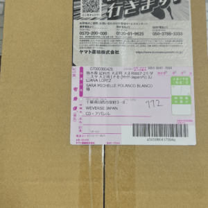 Brown cardboard shipping box with a large white label showing a manga-style figure and Japanese text, plus QR code, address fields, and a barcode on the right side.