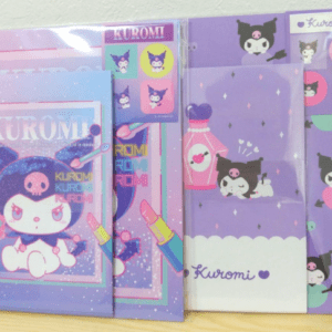 Purple Kuromi-themed stationery set with notebooks, folders, and gift wrap featuring the cute Kuromi character.