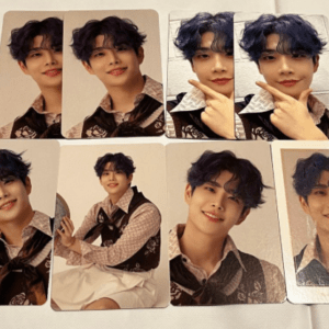 Set of glossy photo cards featuring a young man with wavy dark-blue hair in a brown patterned vest, posing in multiple smiles and gestures.