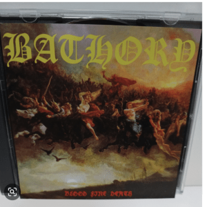 Album cover for Bathory's Blood Fire Death, showing a chaotic battle scene with warriors under a fiery sky and a large yellow Gothic Bathory logo at the top.