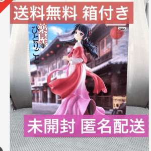 Poster-style image of a female anime figure in a pink dress with red banners; Japanese text advertises free shipping with box and unopened, anonymous delivery (SOLD tag)