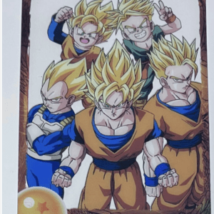 Dragon Ball Z 'Family Collection' trading card showing five Super Saiyan warriors in orange gis pose fiercely.