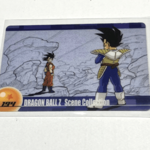 Dragon Ball Z Scene Collection card showing young Goku facing Vegeta in a rocky landscape.