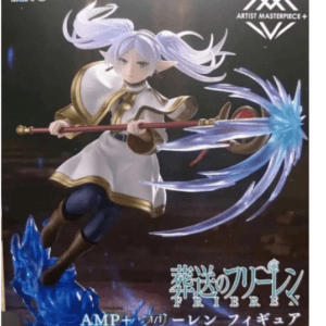 Poseable anime action figure of a white-haired elf girl in white and gold armor, wielding a crystalline ice staff mid-attack with icy blue effects around it