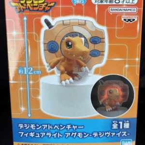Product packaging for Digimon Adventures figure: orange dinosaur-like creature on a white display stand with a gear-like backdrop; inset shows a red version in circle; 12 cm tall.