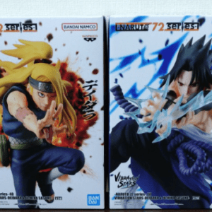 Two Naruto action figure boxes: Naruto Uzumaki (orange suit) left, Sasuke Uchiha with blue energy right.