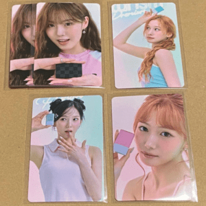 Four glossy photo cards of young women arranged in a 2×2 grid on a brown surface, each posing for the camera with pastel backgrounds touched by accessories.
