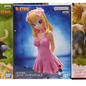Three Dr. Stone action figure boxes featuring blond female characters in colorful outfits on a store shelf.