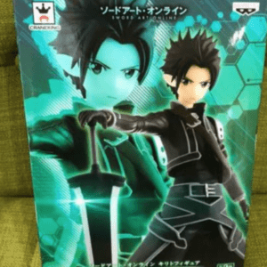 Sword Art Online action figure box with Kirito in black, wielding a sword, and a second character against a teal hex-pattern background.
