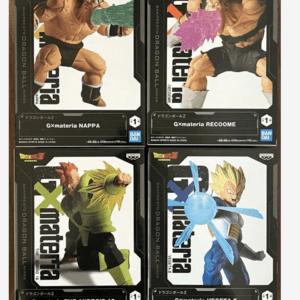 Four Dragon Ball Z GX materia action figure boxes arranged in a 2x2 grid: Nappa (top left), Recoome (top right), Android 16 (bottom left), and Vegeta II (bottom right).