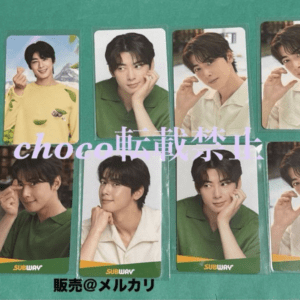 Six glossy photo cards showing a young man in yellow, green, and white outfits, arranged on a teal surface with SubWay logos; likely a merchandise card set.