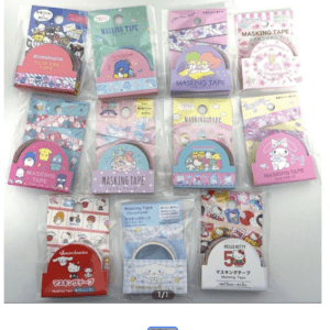 Assorted decorative masking tapes in colorful packaging featuring Sanrio characters, arranged in a grid on a white background.