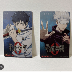 Two trading cards featuring anime characters Yuta Okkotsu (left) with a sword and Satoru Gojo (right) with a blindfold; bold character art on each card.