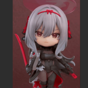 Chibi anime figure with gray hair in dark armor and red accents, halo-like headpiece, holding a red sword.