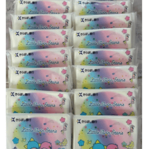 Row of pastel snack wrappers featuring Little Twin Stars characters and star motifs, arranged in a neat grid.
