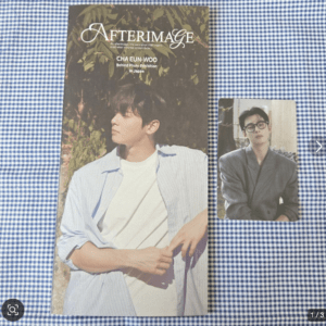 Poster for 'Afterimage' exhibition featuring Cha Eun-Woo, showing a man in a light striped shirt outdoors with foliage in the background.