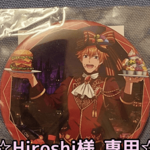 Cheerful anime waiter in a red outfit holds a burger on one tray and a dessert tray on the other, with a night-city backdrop behind him.