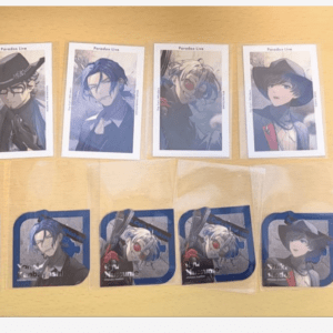 Row of four Paradox Live character cards with anime portraits on a wooden table, top row visible.