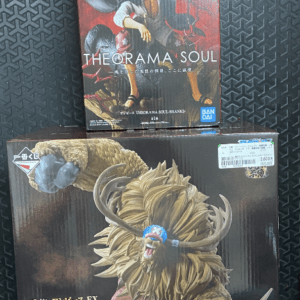 Two boxed action figures stacked: top box features Theorama Soul figure; bottom box shows a large golden-furred beast with a dynamic mane and horns.