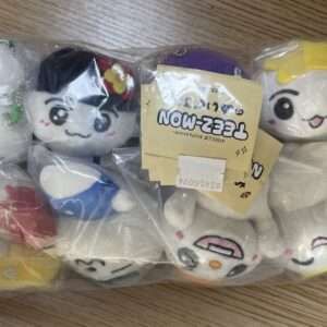 Plastic bag containing several small white plush toys with cute faces and colorful accessories, labeled Teez-Mon toys in the package.