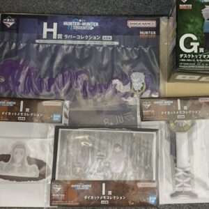 Collection of Hunter x Hunter merchandise including boxes and figures laid on a carpeted floor, with purple figure and various packaging labels visible.