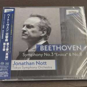 Beethoven: Symphony No.3 'Eroica' & No.8; conductor Jonathan Nott with Tokyo Symphony Orchestra; CD cover features a grayscale side-profile portrait and a blue title band.