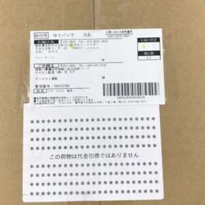 Cardboard box with a shipping label and a white note beneath, including Japanese text stating 'この荷物は代金引換ではありません' (not cash on delivery).