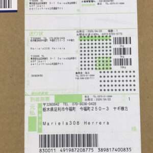 Cardboard box with a Japanese shipping label, multiple barcodes, and green design accents showing sender and recipient details.