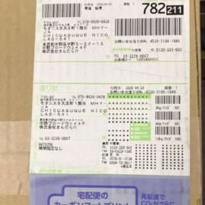 Close-up of a cardboard package with two Japanese shipping labels, barcodes, and green accents.