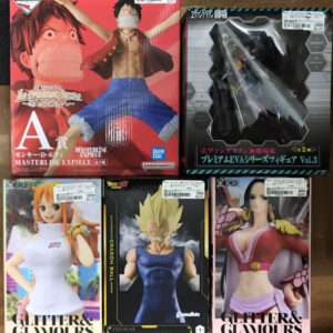 Boxed One Piece Masterlise Exhibit figure of Monkey D. Luffy in a red box, large action pose. Includes Bandai Namco branding on the bottom right.