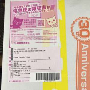 Shipping label on a yellow parcel with a pink poster showing two cartoon cats and a QR code.