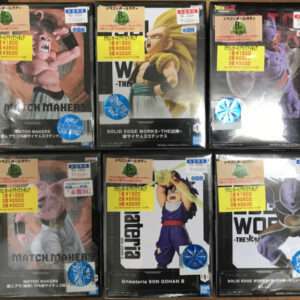 Six packaged Dragon Ball Z action-figure boxes on a store shelf, arranged in two rows of three. Each box shows a dynamic character pose with bold artwork, yellow price stickers on the top, and a blue holographic sticker on the front; brands like Bandai are visible on the packaging.