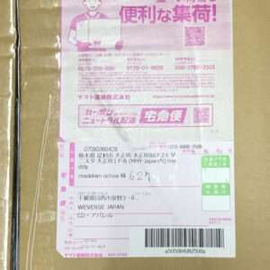 Cardboard box with a large pink delivery label showing a courier logo, Japanese text, and a barcode.