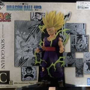 Dragon Ball 40th Anniversary Son Gohan figure box with chosen Gohan in purple gi and comic panels in the background.