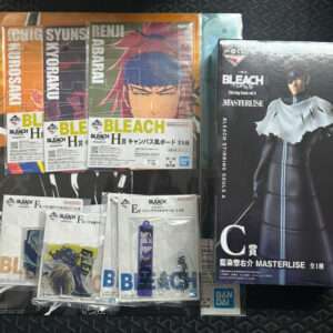 Bleach Masterlise box set with a life-size figure and assorted Bleach merchandise on a patterned surface