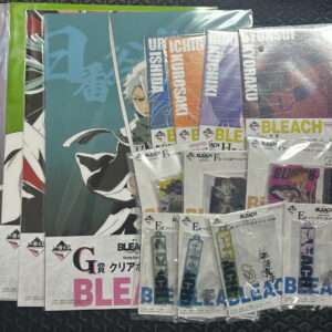 Bleach merchandise spread: posters and sealed blind bags featuring Bleach branding and character art.